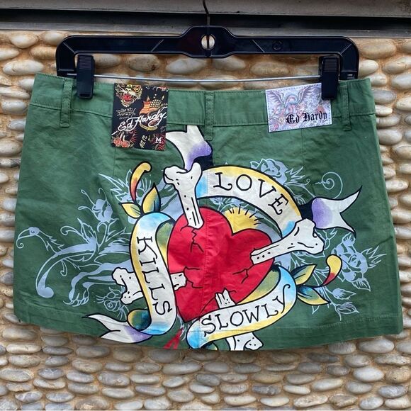 NWT New Ed Hardy Love Kills Slowly Olive Green Heart Skirt Medium Vintage - Picture 3 of 12